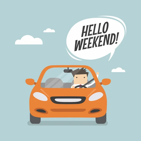 Empresario viajando en coche y decir Hola fin de semana . — Vector de stock