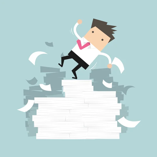 Businessman falling of paper mountain — Stock Vector