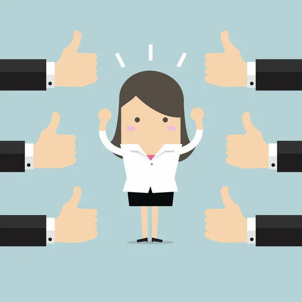 İş kadını ve fazla el başparmak yukarıya ile. Seviyor ve olumlu geribildirim kavramı.