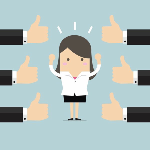 Деловая женщина и много рук с большими пальцами вверх. Понятие симпатий и позитива
.