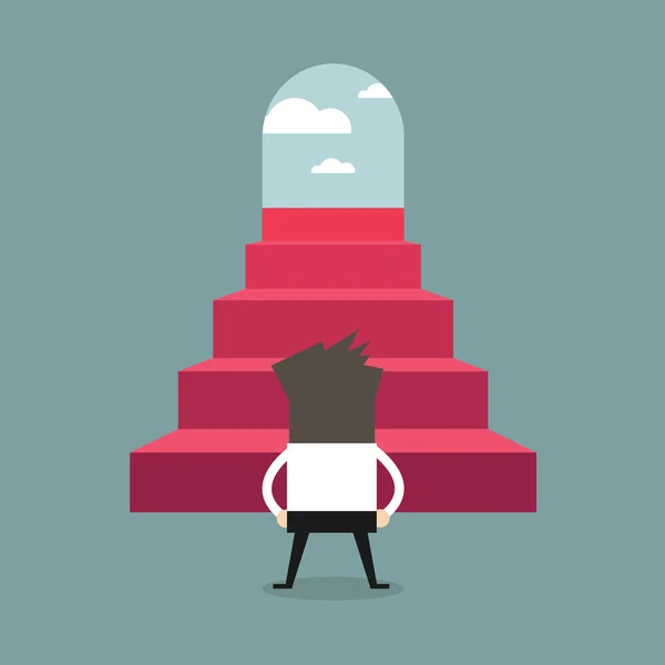 Un homme d'affaires prospère escalade les marches. Vue de derrière. Échelle de carrière, escaliers, succès — Image vectorielle