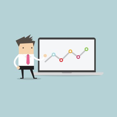 Grafik içinde laptop gösteren işadamı