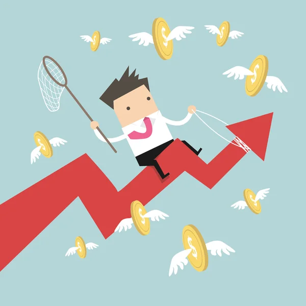 Businessman riding success arrow graph catch flying coins — Stock Vector