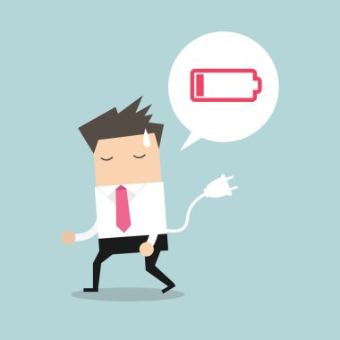 Yorgun ve düşük güç pil duygu iş adamı. Vektör