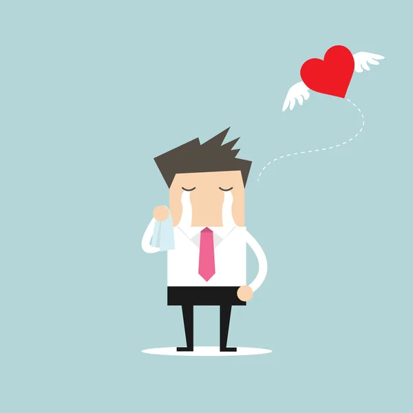 Businessman crying broken heart with heart flying away — Stock Vector