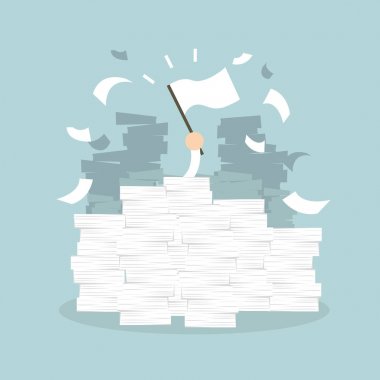 İşadamı el ile beyaz bayrak. Evrak, fatura ve belgeler, belgeler çok yüklü Ofis Masası.
