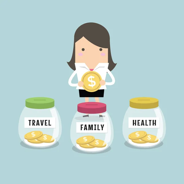 Aile Sağlık Seyahat Için Para Tasarrufu Işkadını — Stok Vektör