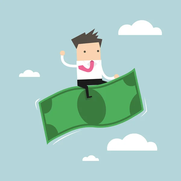 Empresario Montando Dinero Volando — Vector de stock