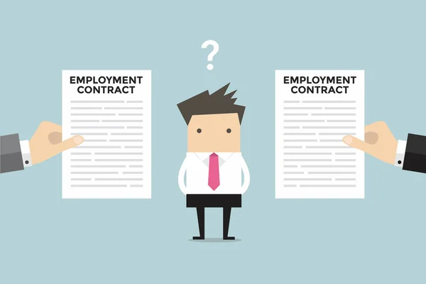 Homme Affaires Avec Deux Offres Contrat Travail Deux Entreprises — Image vectorielle