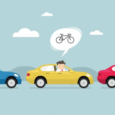 İşadamı ile trafik sıkışıklığı, yolda düşündüm bisikletle daha iyi çalışması için.