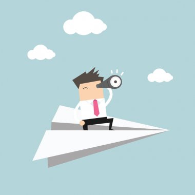 İşadamı Teleskobu kullanırken uçuyor.