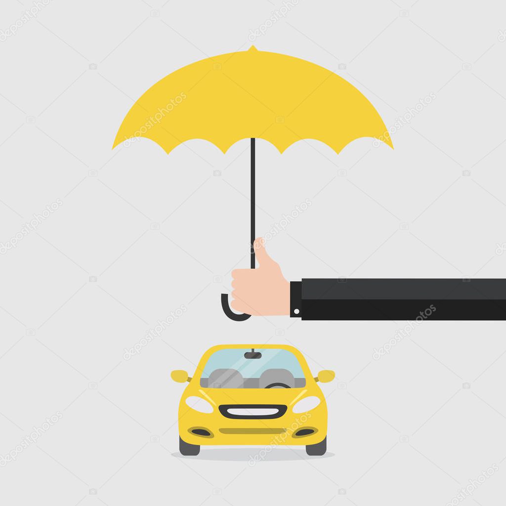 Hand insurer with an umbrella that protects the car. Safety Concept Car. Insurance car.