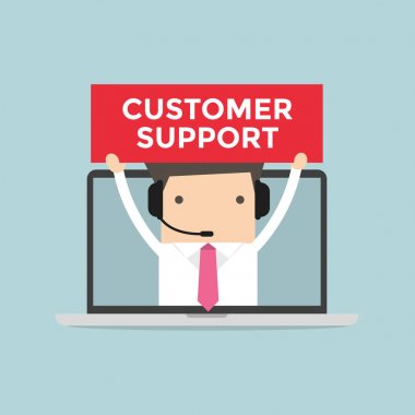 Kulaklığı bir bilgisayar, müşteri hizmetleri ve teknik destek kavramı ile işadamı