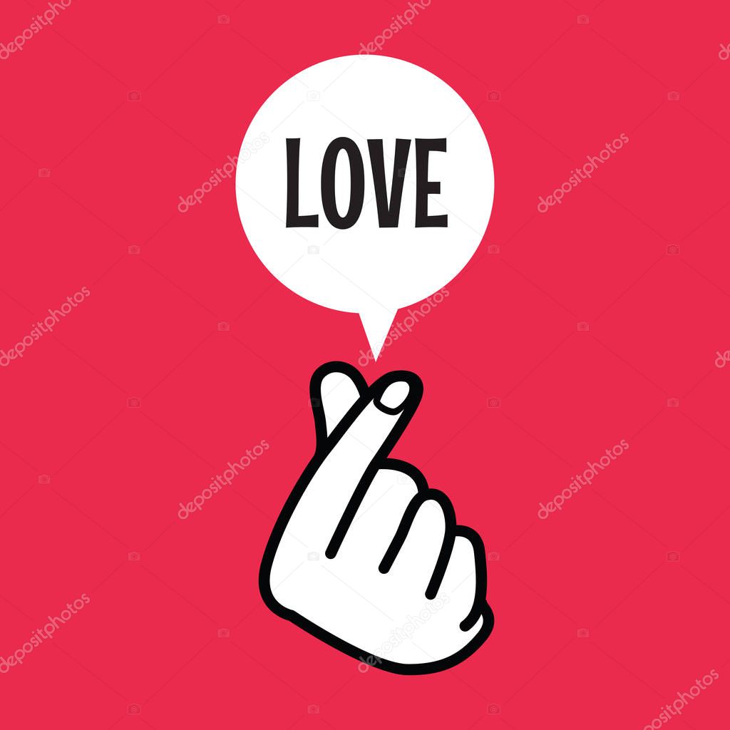 Finger heart sign symbol with love balloon text.