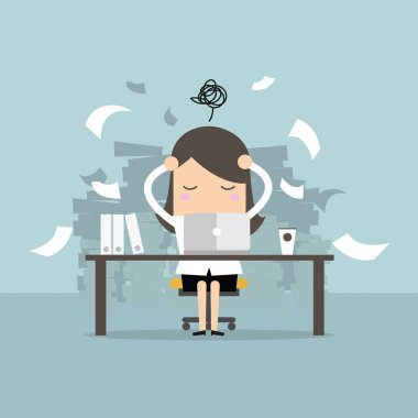 İş kadını zor çalışma meşgul zamanı. Bir sürü iş. İş yerinde stres. vektör