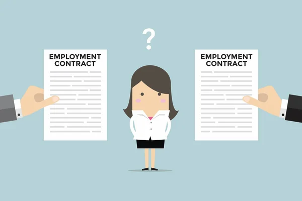 Femme Affaires Avec Deux Offres Contrat Travail Deux Entreprises Vecteur — Image vectorielle