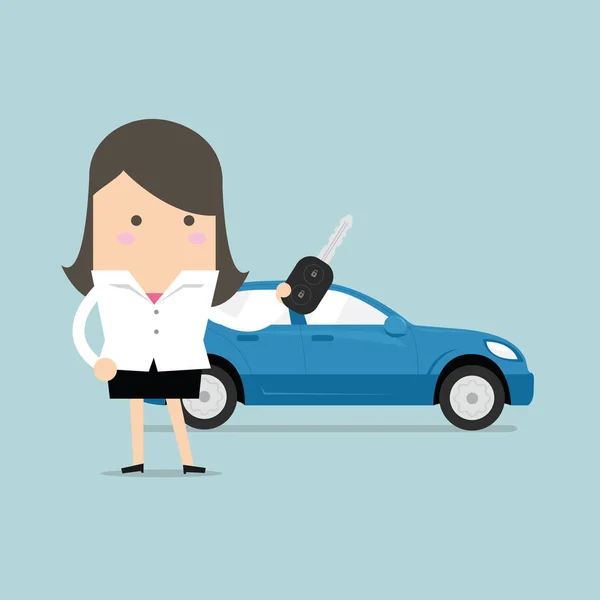 Pengusaha Wanita Memegang Kunci Mobil Baru Vektor - Stok Vektor