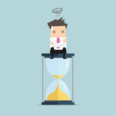 Kum saati üzerinde oturan işadamı. son tarih kavramı.