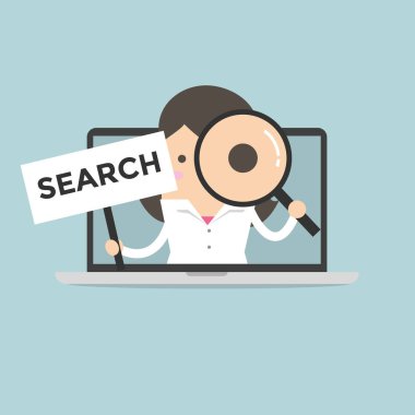 Arama işareti tutarak ve bilgisayar notebook a magnifying cam üzerinden seyir işkadını.