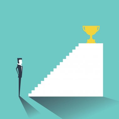 Businessman with stairs to golden trophy as symbol of success. Use as stairs to success clipart
