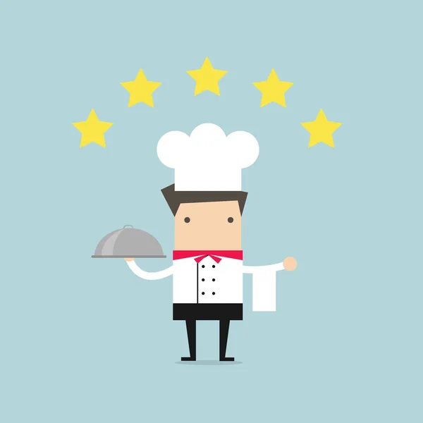 Cozinheiro Chef Segurando Placa Quente Com Classificação Cinco Estrelas —  Vetores de Stock