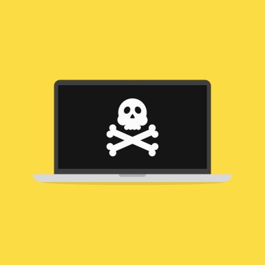 Kafatası üstünde belgili tanımlık perde ile dizüstü bilgisayar. Kesmek bilgisayar kavramı.