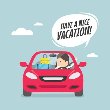 Neşeli işkadını bavul ve de ki arabayla seyahat var güzel bir tatil.