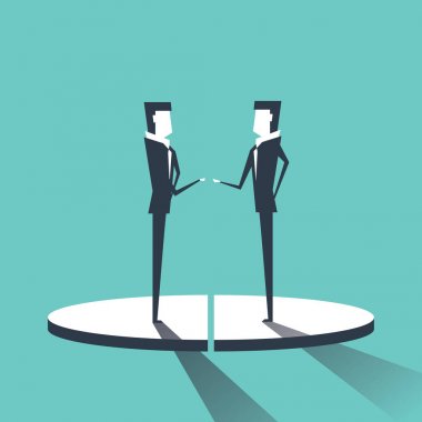 İki iş adamı pasta üzerinde eşit hisse, işadamları Yarışması Başarı kavramı Getting diyagram.