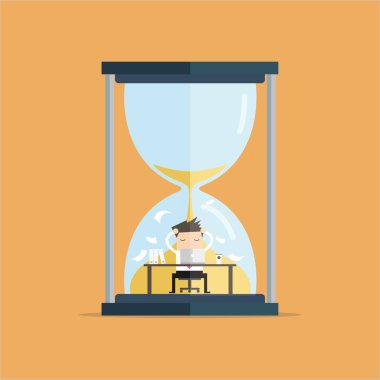 İş adamı iş zor bilgisayar büyük kum saati son tarih kavram üzerinde.