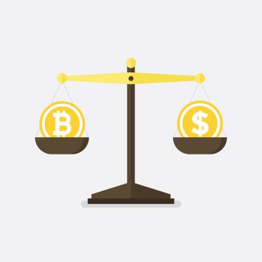 Bitcoin vs Doları vektör kavramı ile denge ölçekler.