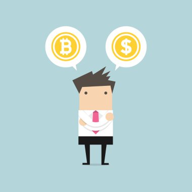 İşadamı Bitcoin veya dolar seçimi ile.