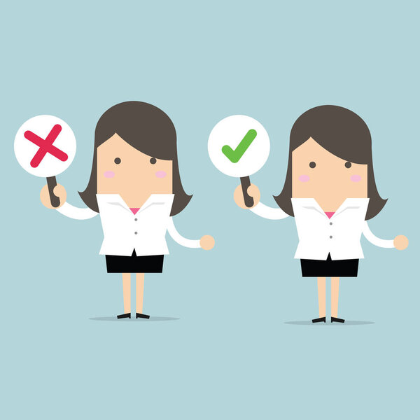 Бизнесмен с правильными и неправильными знаками
.