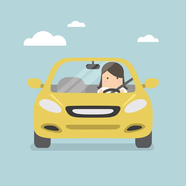 女实业家驾驶黄色汽车在路 — 图库矢量图片