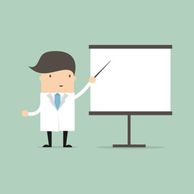 Doktor işaretçi beyaz tahta üzerinde gösterir..