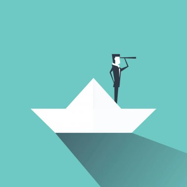 Kağıt tekne üzerine teleskopu ayakta işadamı bakar.