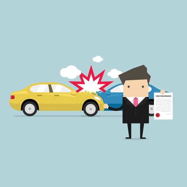 Car Insurance Service Center Businessman Shows Document Car Protection — Stock Vector