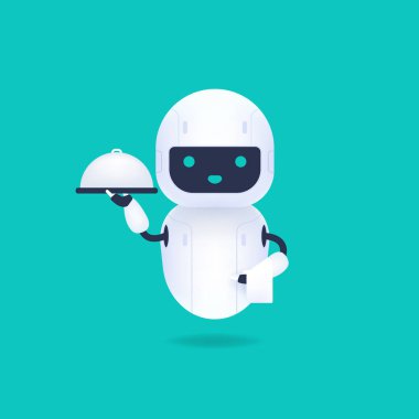 Beyaz dost canlısı android robot servis tepsisini kahvaltı ve beyaz havluyla tutuyor. Robot garson, uşak..