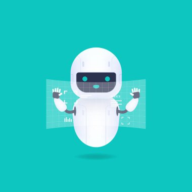 Hud arayüz ekranı olan beyaz dost android robot. Şirin ol ve gülümse Ai robot.
