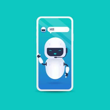 White friendly android robot say hi. Chatbot future concept. Helping bot in smartphone.