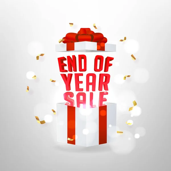 End Year Sale Banner Opened Gift Box Red Bow Magic — Stock Vector