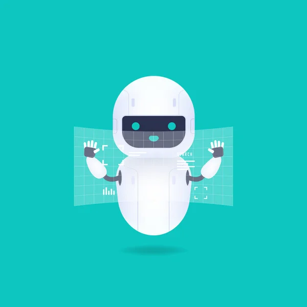 Robot Androide Blanco Amigable Con Pantalla Interfaz Hud Lindo Sonriente — Vector de stock