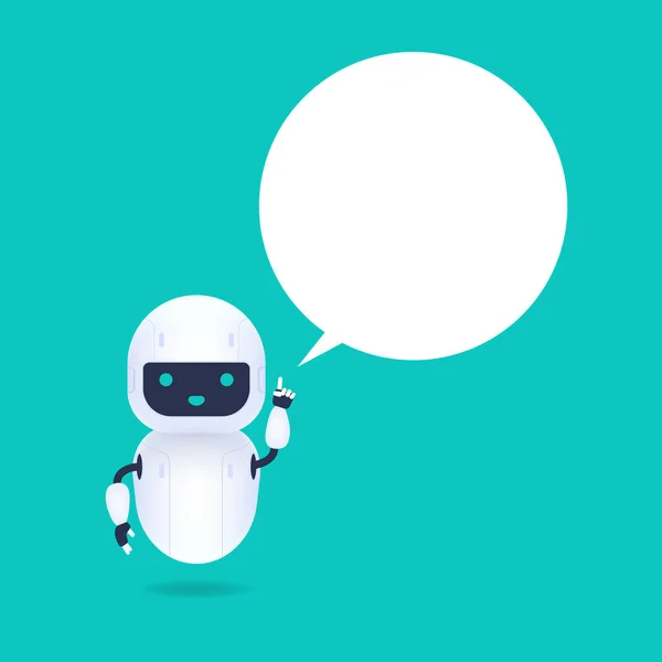 Fehér Barátságos Android Robot Beszéd Buborék Aranyos Mosolyog Robot — Stock Vector