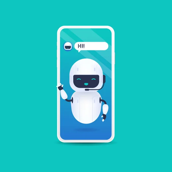 Blanco Amigable Robot Androide Decir Hola Chatbot Concepto Futuro Ayuda — Vector de stock