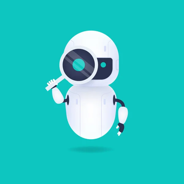 Robot Androide Blanco Amigable Mirando Través Lupa Buscar Conceptual — Vector de stock