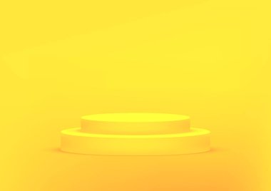 Fotokopi alanı olan ürün sergisi için boş podyum sarı arka plan. Showroom çekimi. Ürün tanıtımı için afiş arkaplanı.