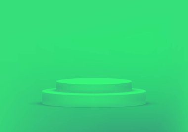 Fotokopi alanı olan ürün sergisi için boş podyum yeşil arka plan. Showroom çekimi. Ürün tanıtımı için afiş arkaplanı.