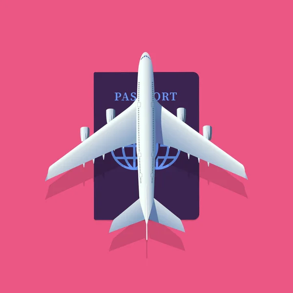 Das Flugzeug Fliegt Mit Dem Reisepass Reisekonzept — Stockvektor