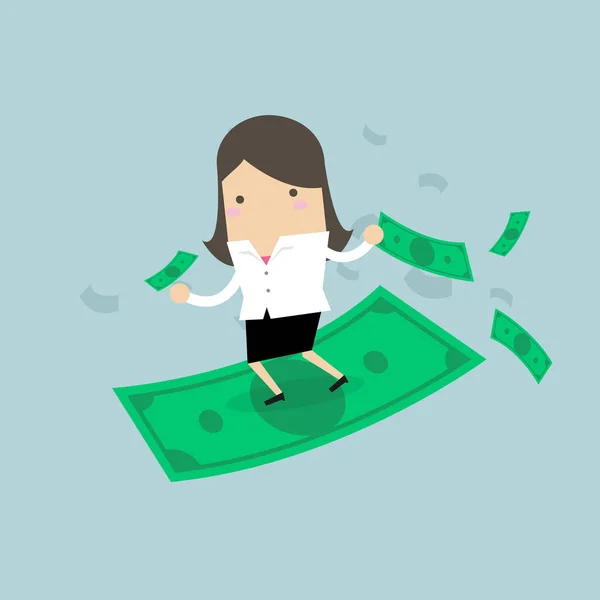 Businesswoman Riding Surfing Flying Money — 스톡 벡터