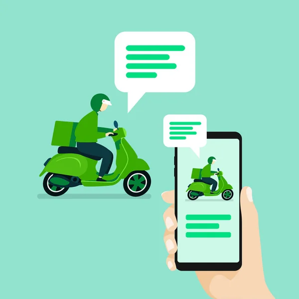 メッセージ通知とスマートフォンを保持手 ユーザーは スクーターに乗って配達人とチャット — ストックベクタ
