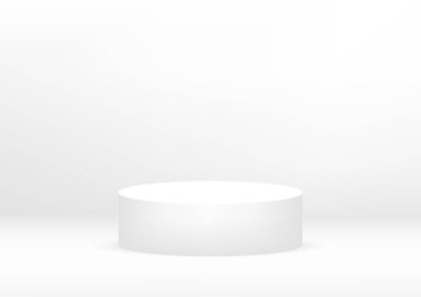 Fotokopi alanı olan ürün sergisi için boş podyum beyaz arka plan. Showroom çekimi. Ürün tanıtımı için afiş arkaplanı.